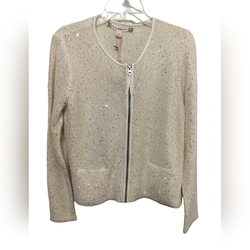2008)Chelsea & Violet Cream Iridescent Sequin Full Zip Cropped Cardigan Size L